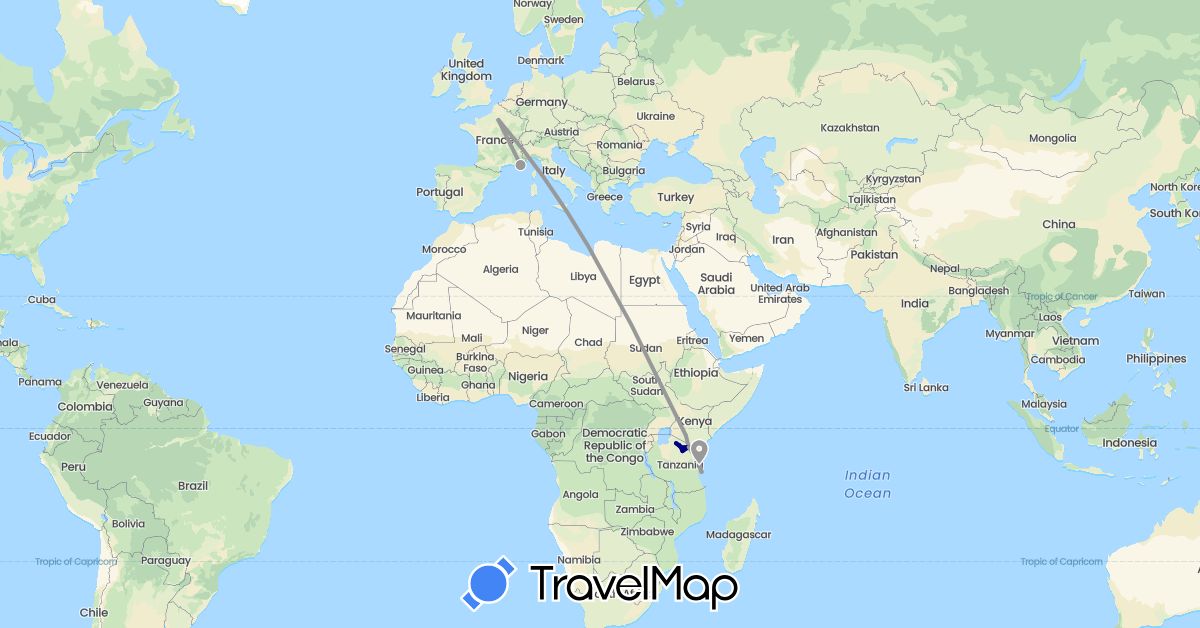 TravelMap itinerary: driving, plane in France, Kenya, Tanzania (Africa, Europe)